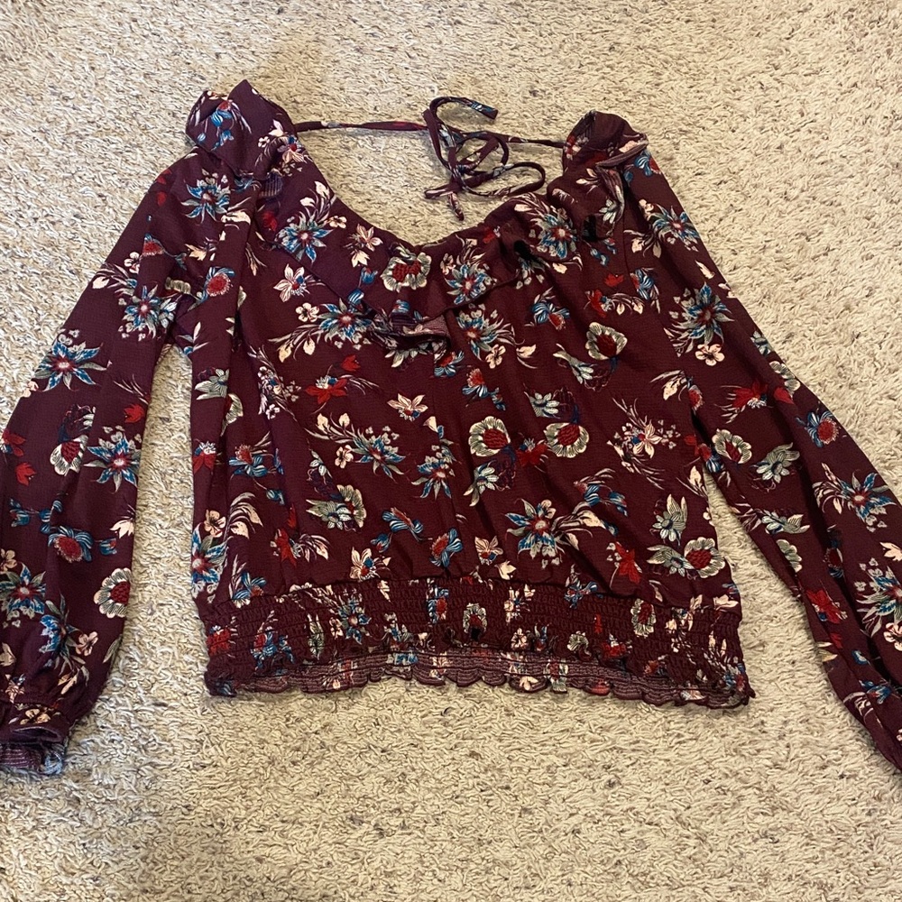 MELLODAY Burgundy Floral Blouse